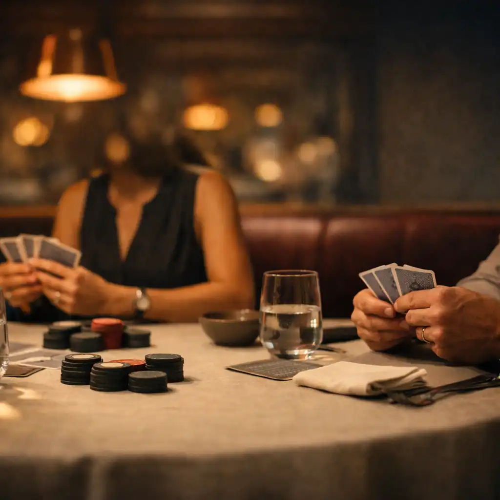 Adult guests at a warmly lit restaurant table arranging playing cards and non-monetary poker chips beside tableware.