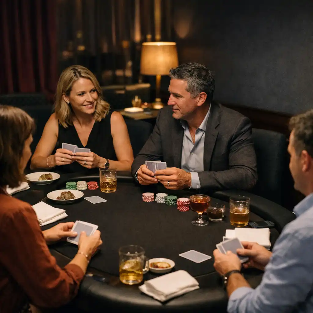 Adult guests sharing food and considering cards at a refined restaurant poker table