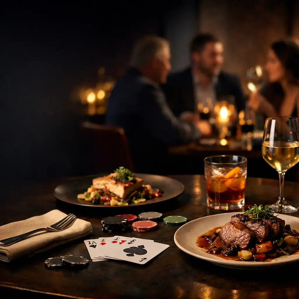 Refined evening dining table with plated food, drinks, cards and subtle non-monetary poker chips in a dark restaurant salon.