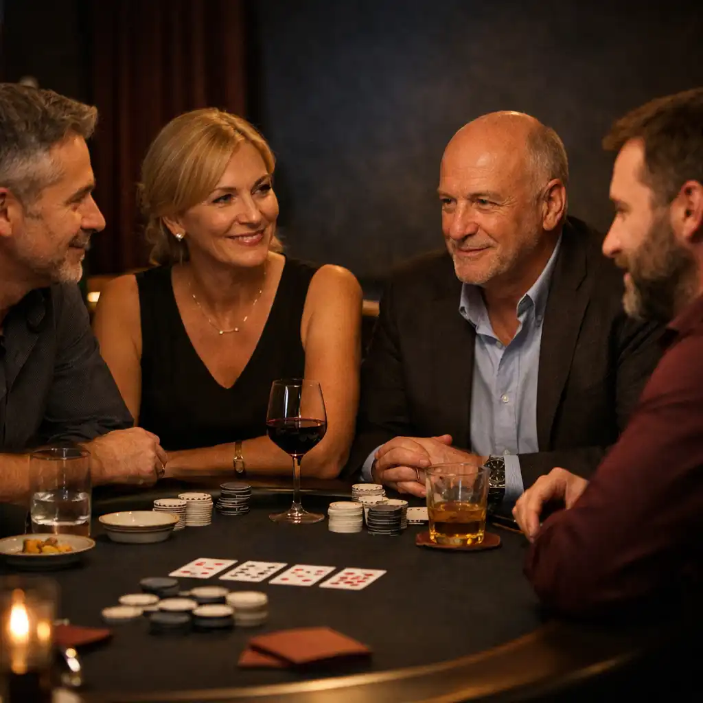 A small group of clearly adult guests in relaxed conversation around a dark restaurant table with cards and neutral chips.