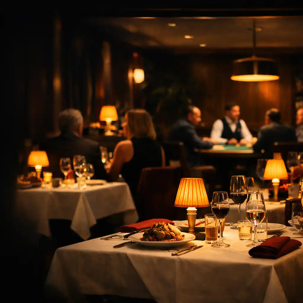 Adult guests in natural conversation among linen-set dining tables in a warmly lit restaurant after dark.