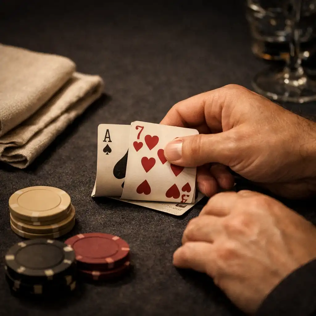 Adult hands arranging Texas Hold’em cards and neutral circular chips beside a warm-linen setting.