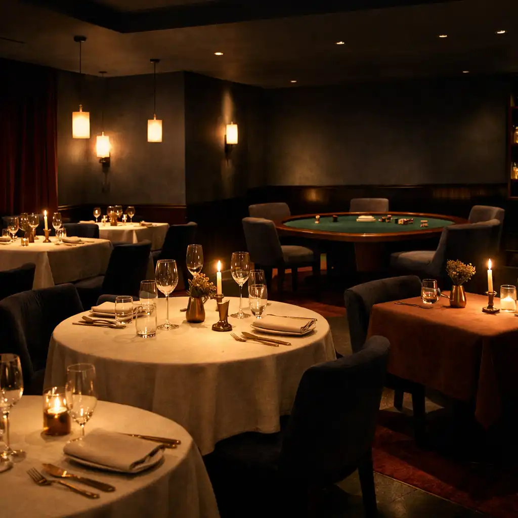 A dark restaurant dining room with warm linen tables, muted gold details, and a discreet felt-like table in the distance.