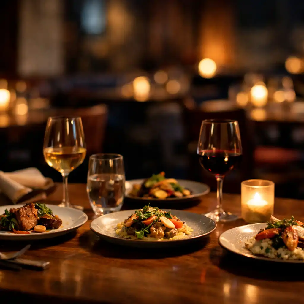 A warmly illuminated restaurant dining table with plated food, linen, and glassware at night.