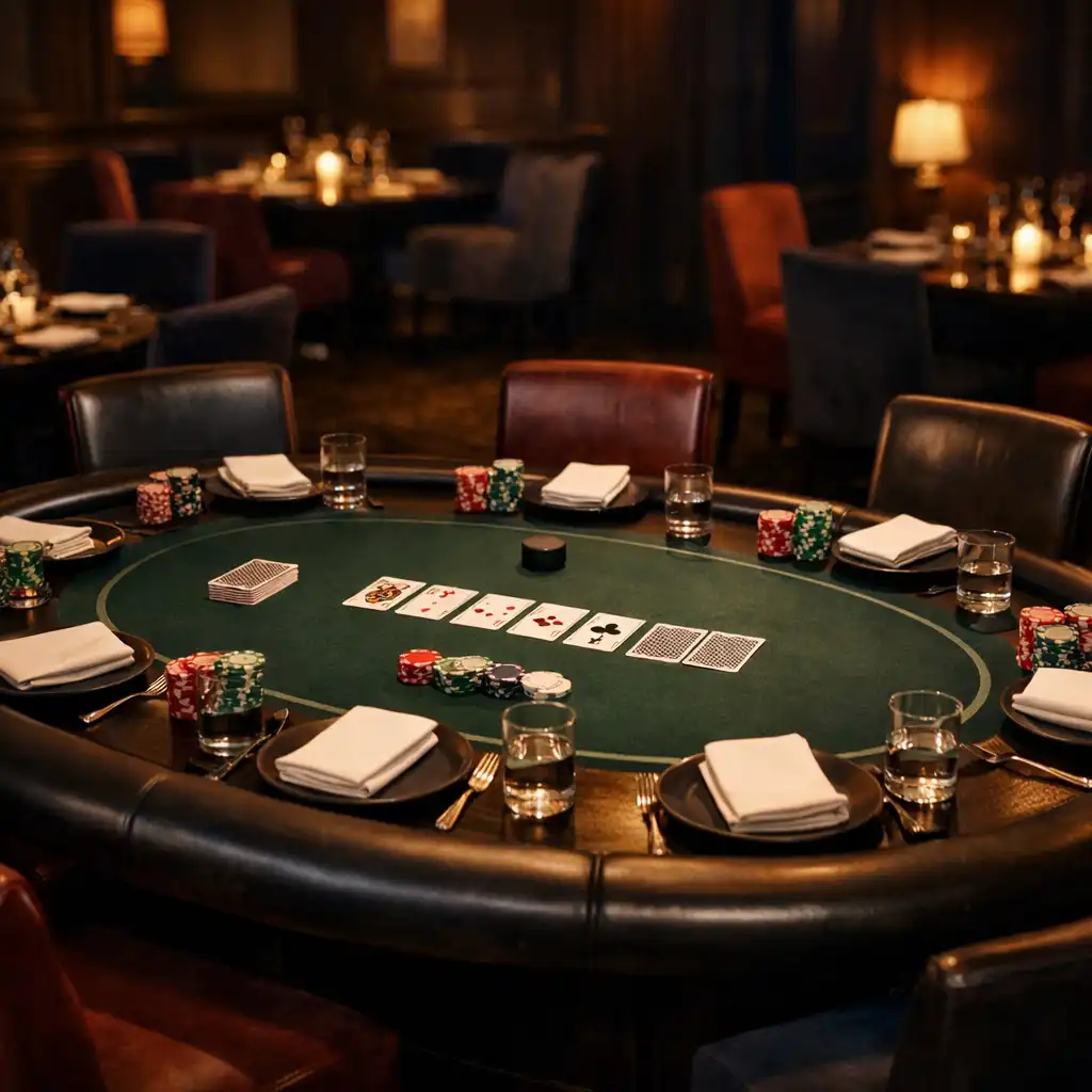 A prepared offline poker table with cards, neutral chips, glassware, linen place settings, and chairs in a dark restaurant interior.