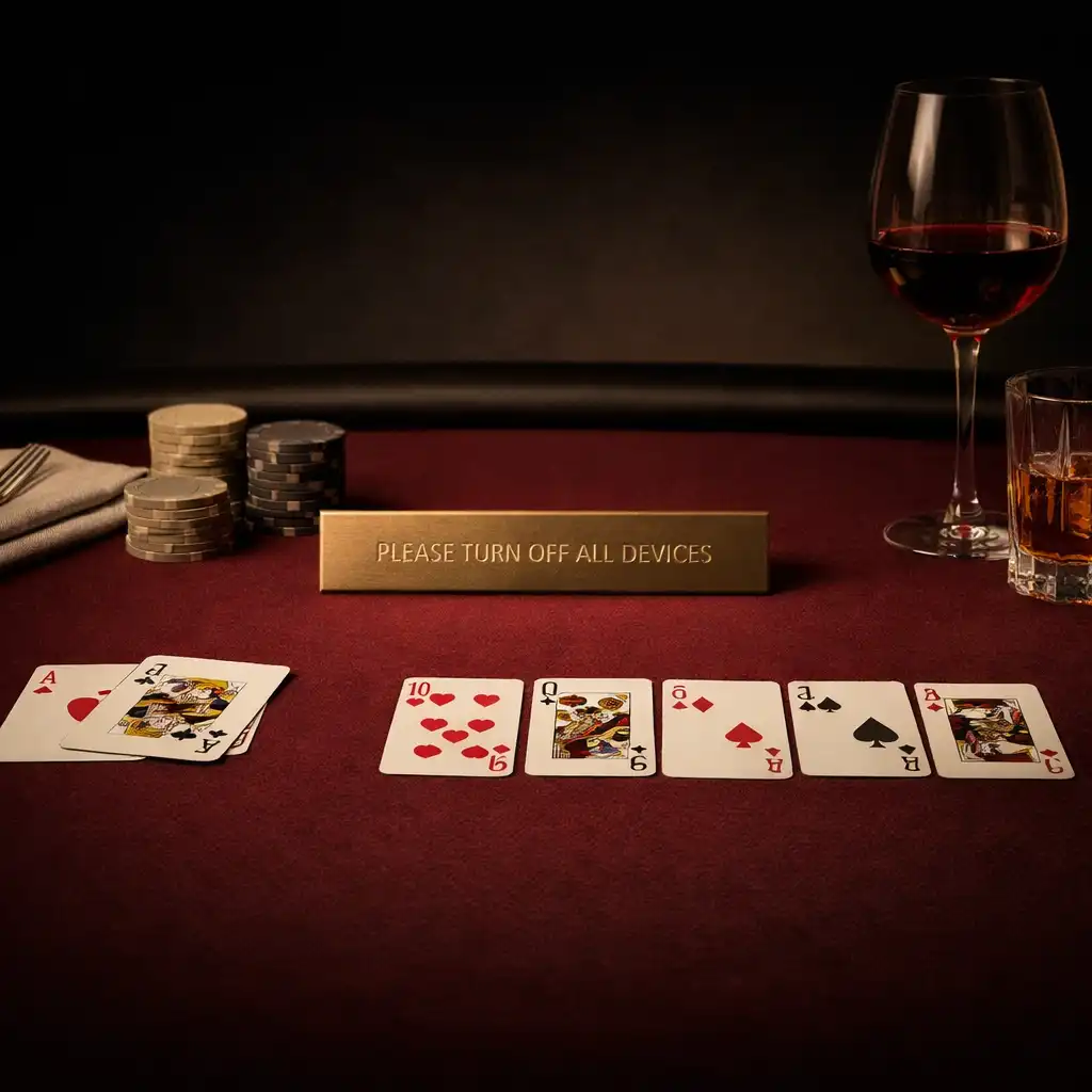 A refined dark table with Texas Hold’em cards, neutral chips, linen, glassware, and a muted gold edge detail.