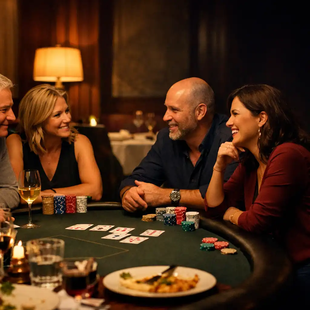 Clearly adult guests in relaxed conversation around a refined restaurant poker table after dinner.