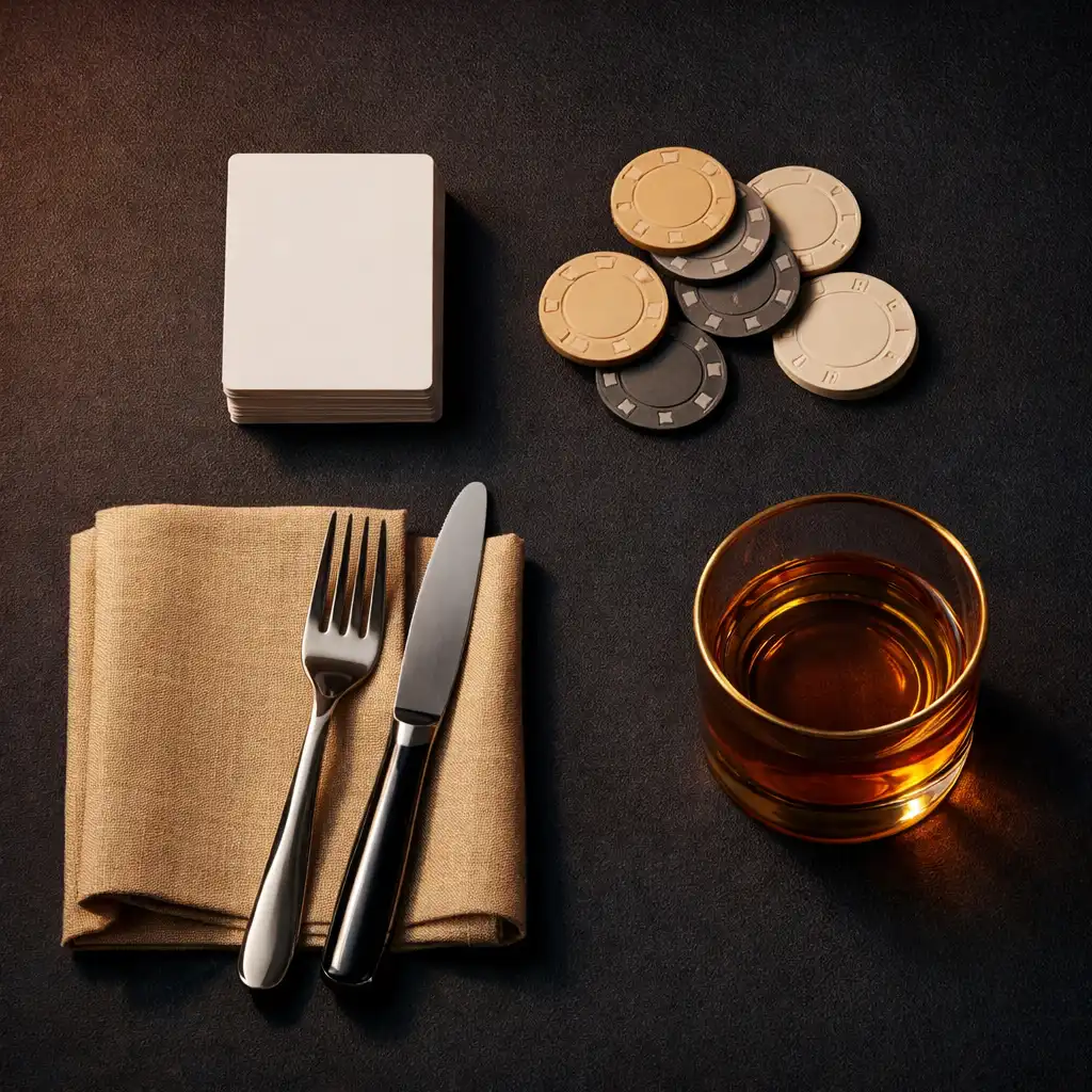 An overhead still life of Texas Hold’em cards, neutral chips, linen, cutlery, and a low glass on a dark restaurant table.