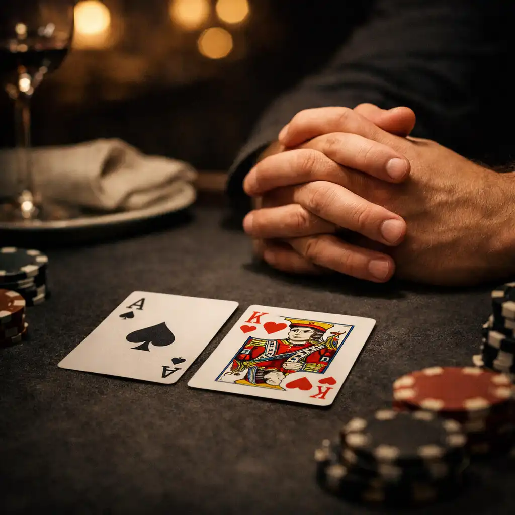 An adult player’s hands near Texas Hold’em cards and neutral poker chips on a refined dark table.