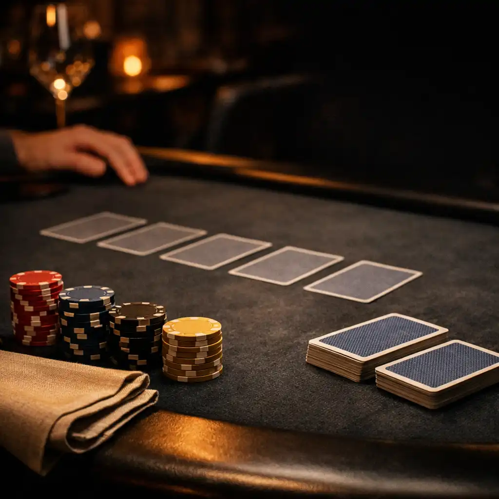 Prepared Texas Hold’em table with participation chips, cards and warm linen detail