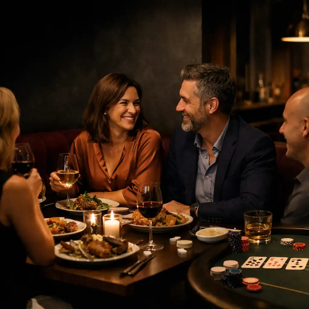 Adults enjoying a refined social dinner beside a discreet poker table