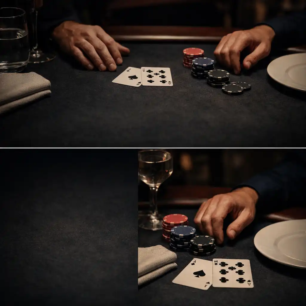 Linen, glassware, cards and poker chips arranged on a softly lit restaurant table