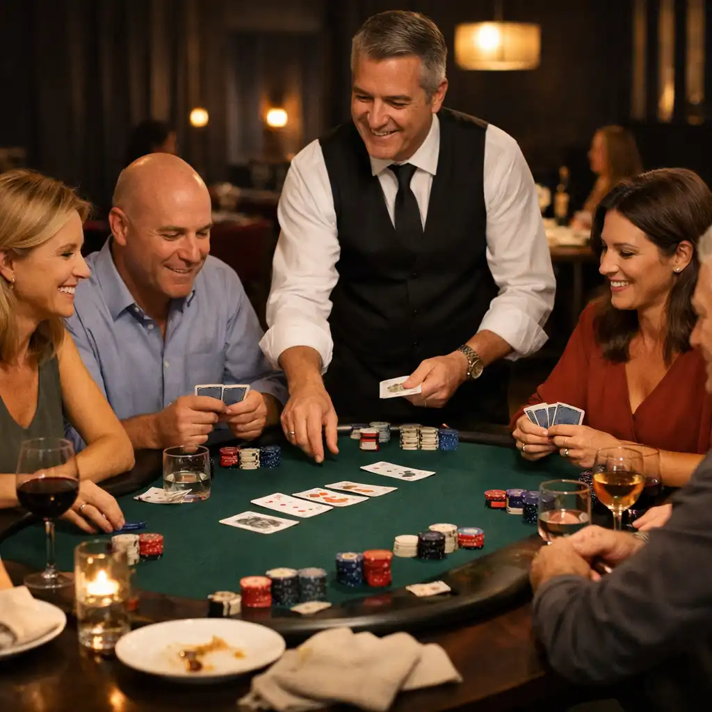 Adults gathered around a restaurant poker table with cards, linen and shared dining details
