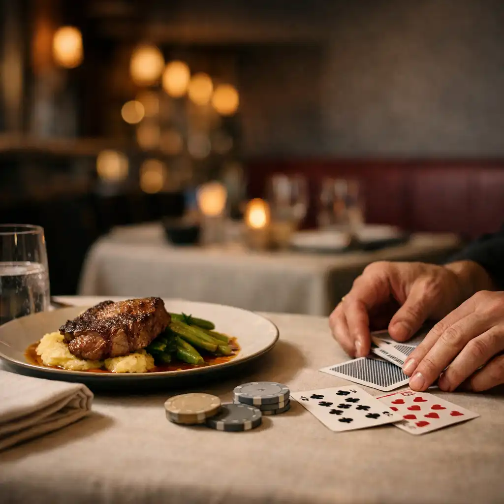 Dinner, linen, cards and neutral poker chips sharing a low-light restaurant table