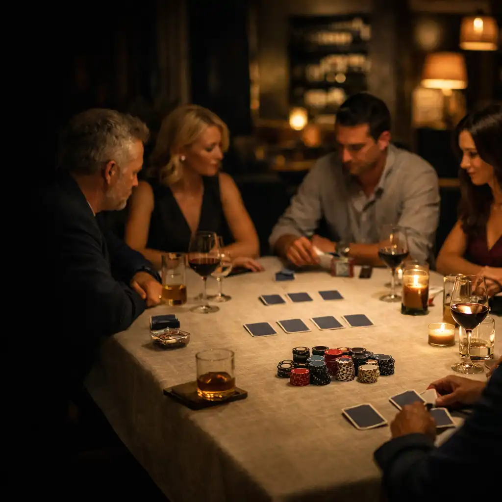 A linen-dressed restaurant table set for a refined offline poker evening after dark