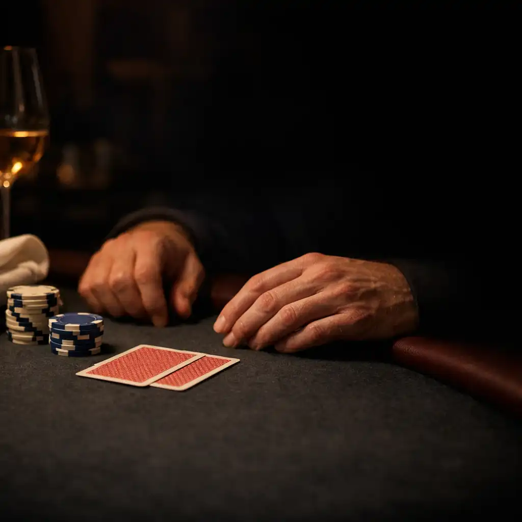Calm hands, face-down cards and poker chips at a refined restaurant table at night