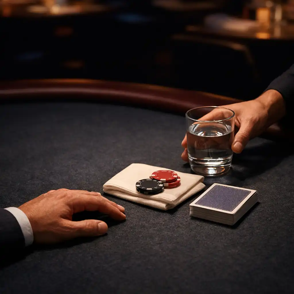 A relaxed hand resting away from face-down cards, poker chips and a glass of water on a restaurant table.