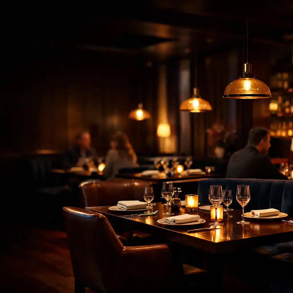 Warmly lit restaurant tables in Velvetand Cinder's nocturnal dining room