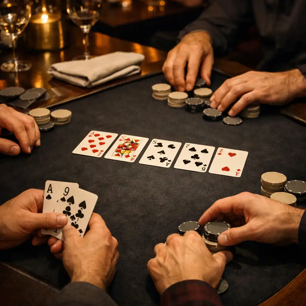 Adult hands arranging playing cards and neutral chips at a polished social poker table