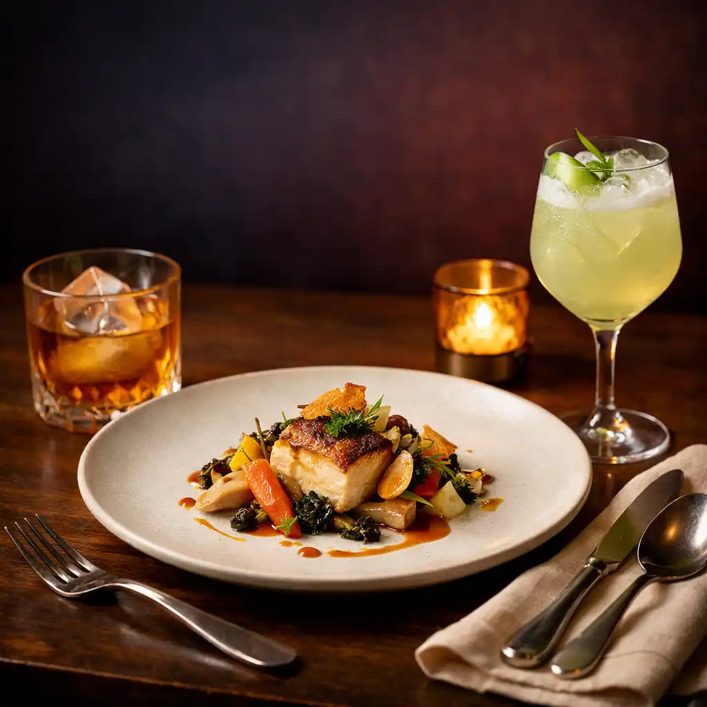 Chef-inspired dish with a craft beverage and a non-alcoholic drink on a linen-covered restaurant table
