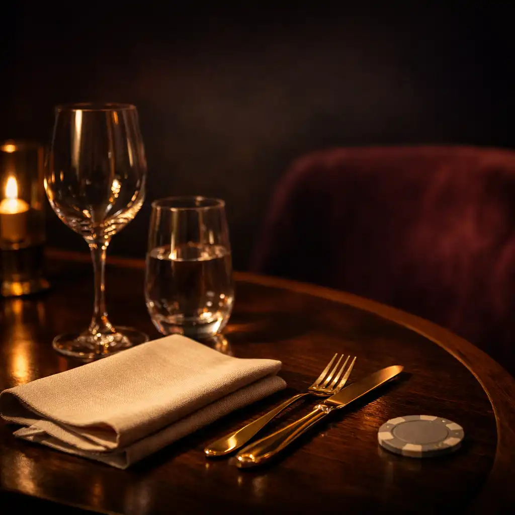 Warm linen, glassware and a subtle neutral poker chip detail on an elegant evening table