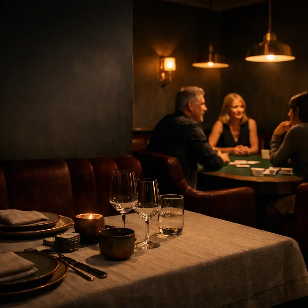Linen-set table in Velvetand Cinder's softly lit dining salon with a communal card table in the background.