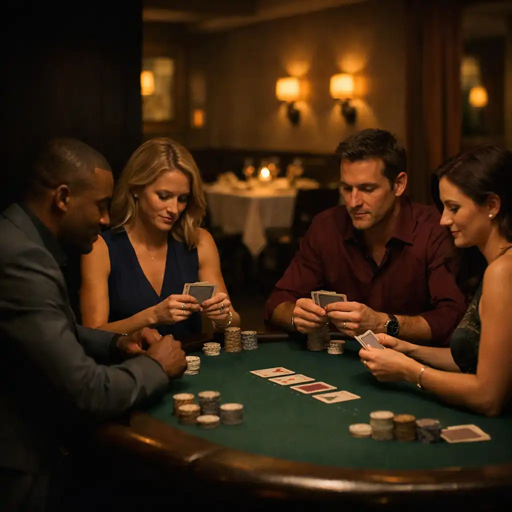 Adult friends in quiet conversation around a refined poker table within a restaurant dining salon.