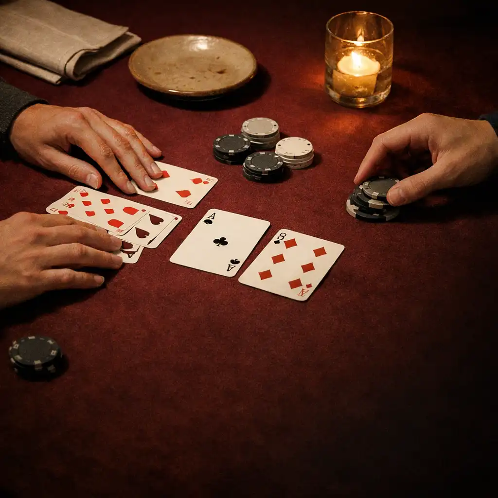 Adult hands arranging physical playing cards and neutral poker chips beside linen and ceramic dining details.